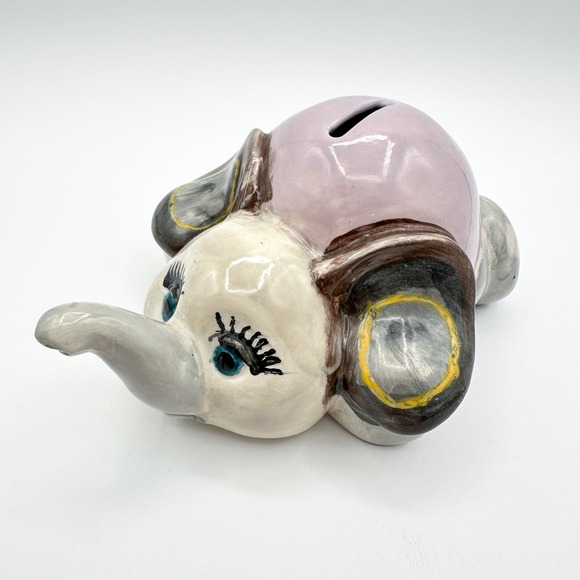 Studio Pottery Elephant Piggy Bank Hand Painted w Stopper Signed Juliana Vintage - Picture 9 of 13